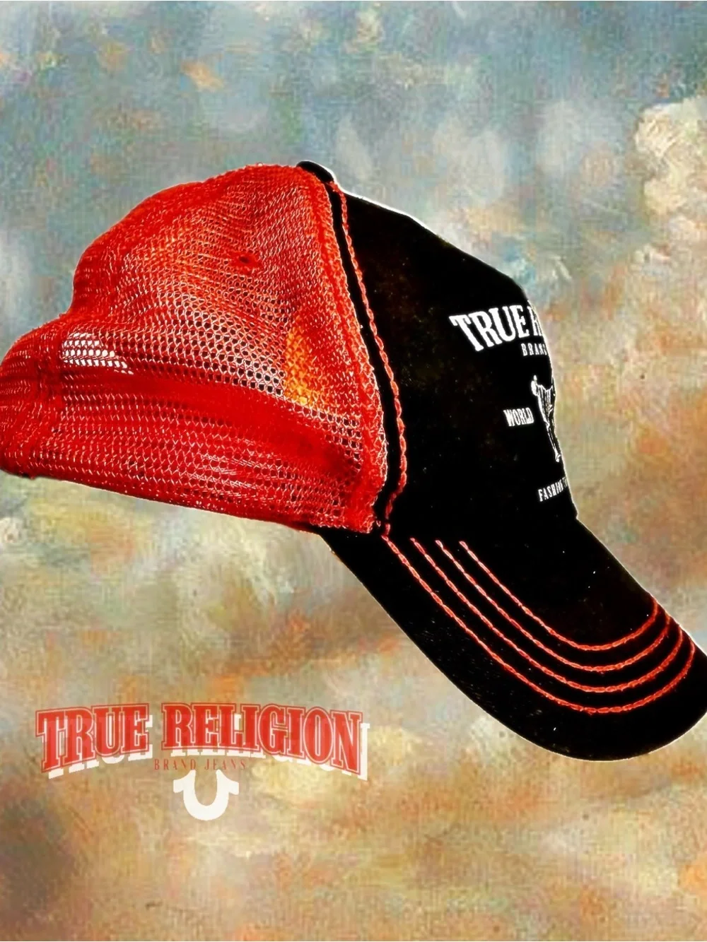 True Religion Buddha Black and Red Embroidered Trucker Cap